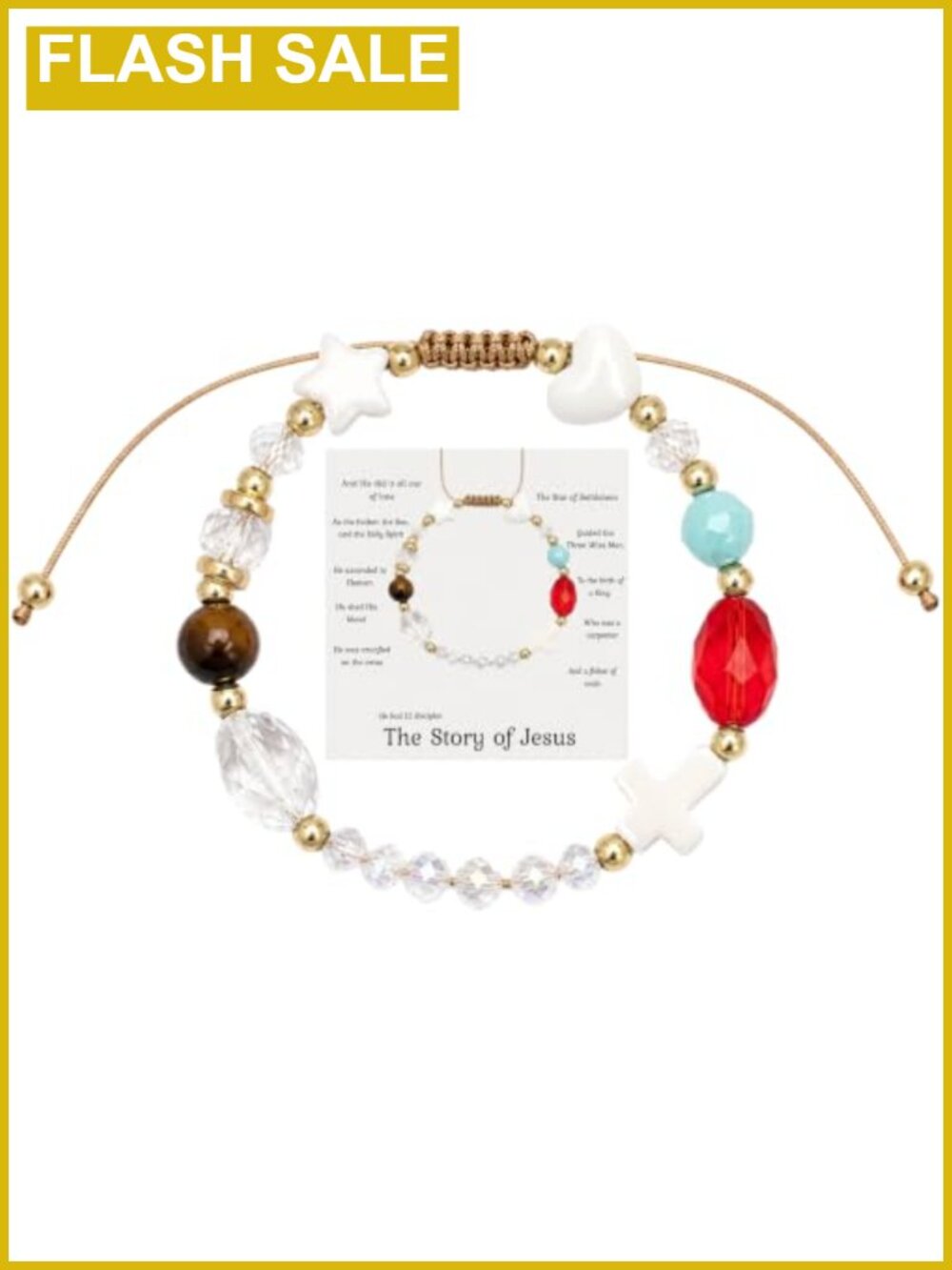 Story of Jesus Beaded Bracelet Crystal Wood Cross Adjustable Cord Faith